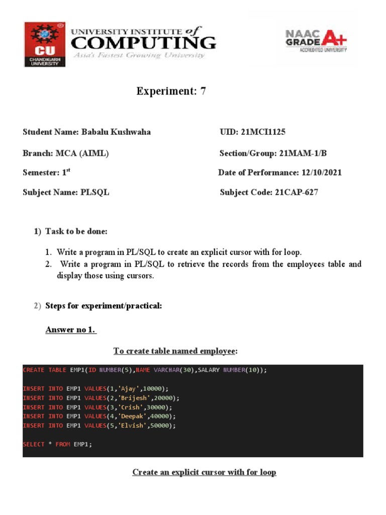 PL/SQL Explicit Cursor Experiment | PDF | Pl/Sql | Computer Data