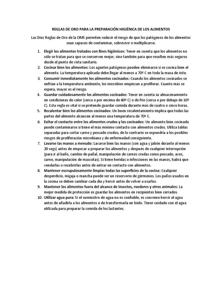 Reglas de Oro para La Preparación Higiénica de Los Alimentos | PDF ...