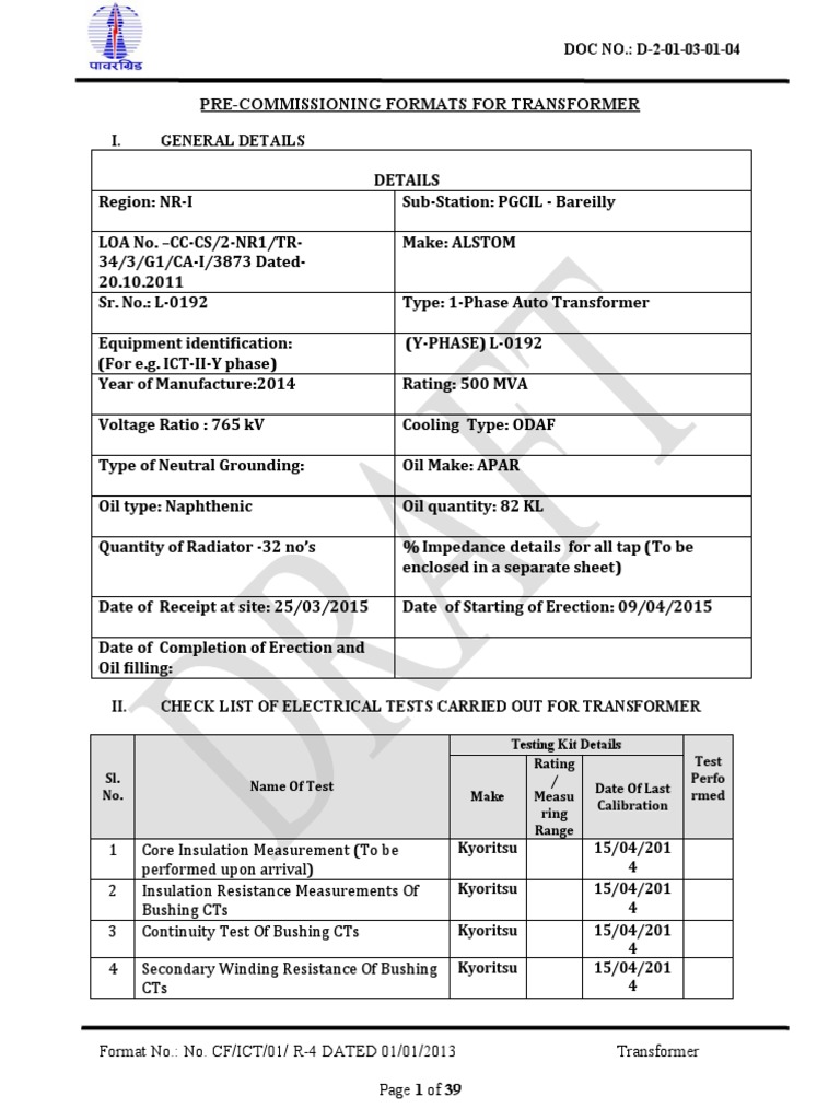 NO. D201030104 Testing Kit Details Test Perfo Rmed Make Rating