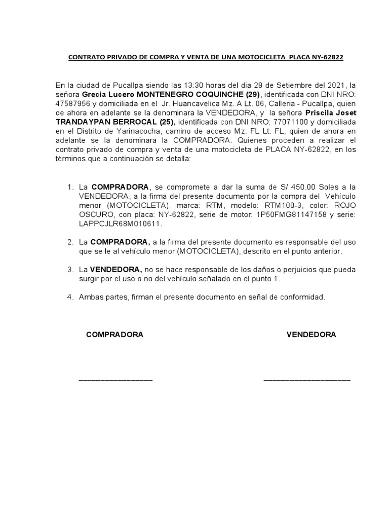Contrato de Compraventa de Motocicleta | PDF | Finanzas y dinero | Derecho