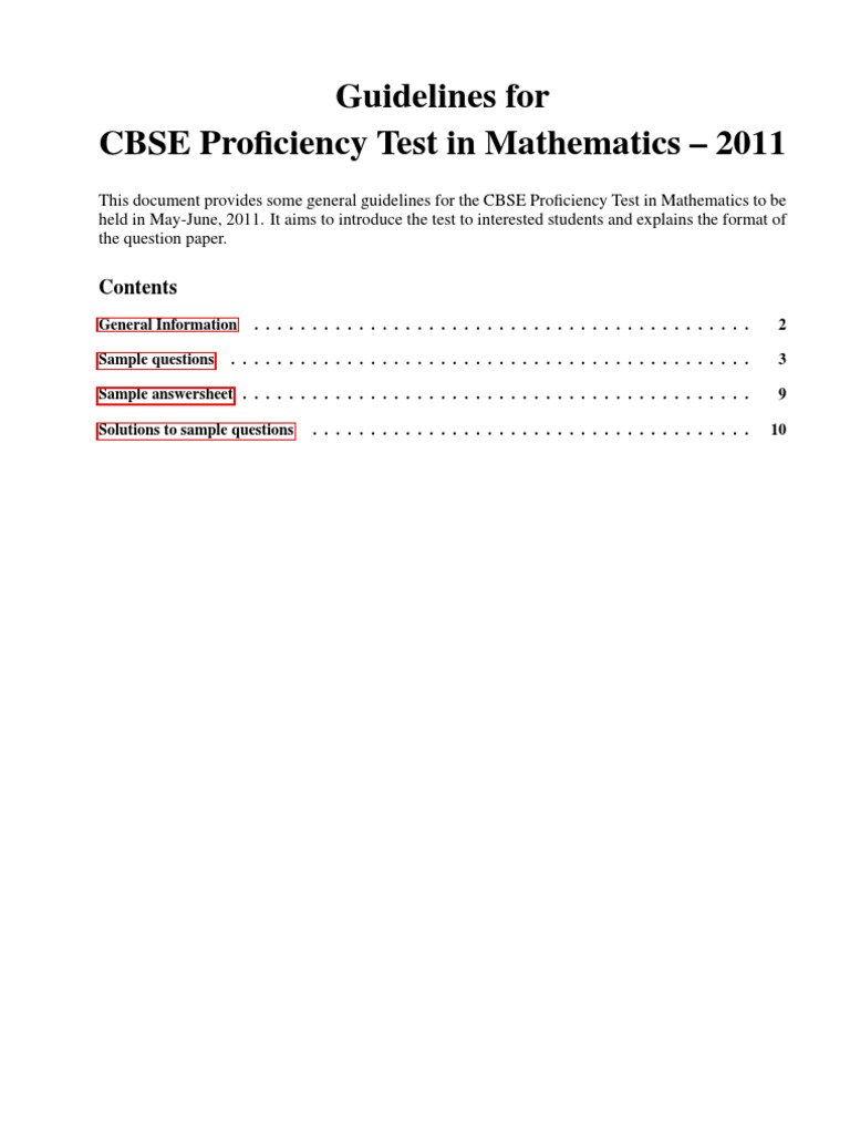 CBSE Mathematics Proficiency Test 2011 Guidelines | PDF | Multiple ...