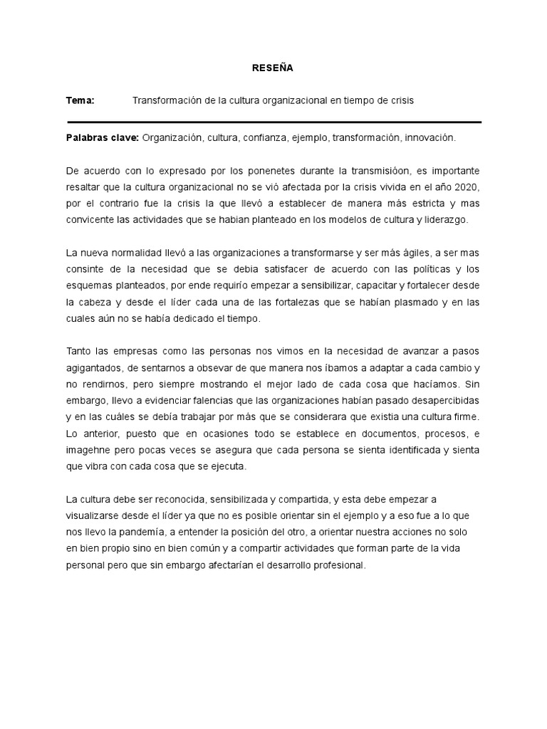 Transformación de La Cultura Organizacional en Tiempo de Crisis | PDF