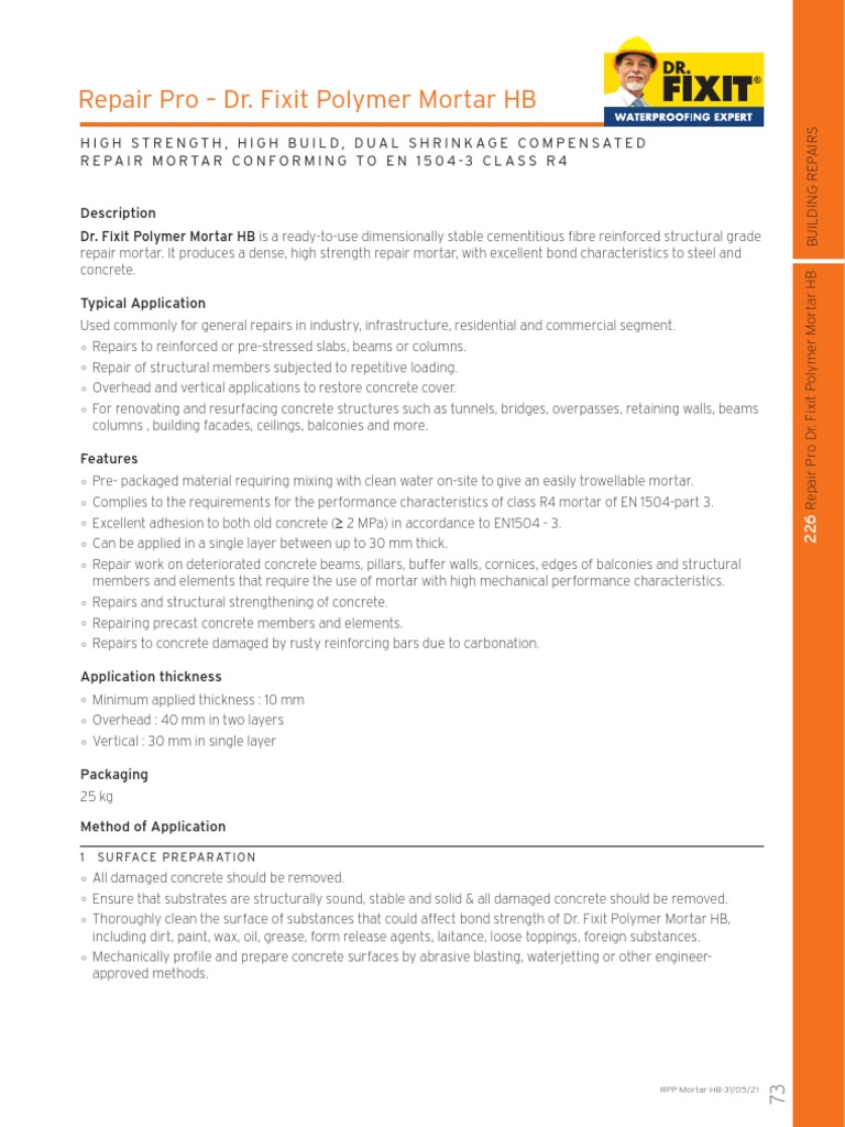 Dr. Fixit Polymer Mortar HB Overview | PDF | Concrete | Corrosion