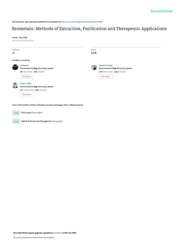 Bromelain Methods of Extraction, Purification and Therapeutic