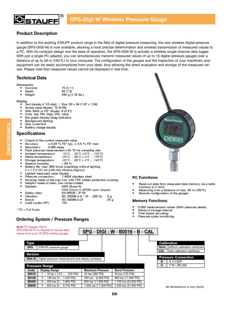 Wireless Digital Pressure Gauge SPG-DIGI-W | PDF | Celsius | Pressure ...