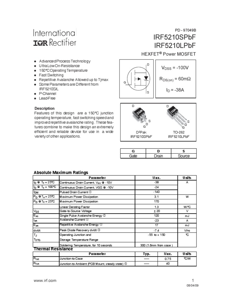 Irf5210Spbf Irf5210Lpbf Hexfet Power Mosfet V = 100V R = 60Mω I
