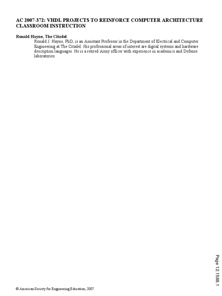 Ac 2007-372: VHDL Projects To Reinforce Computer Architecture Classroom ...