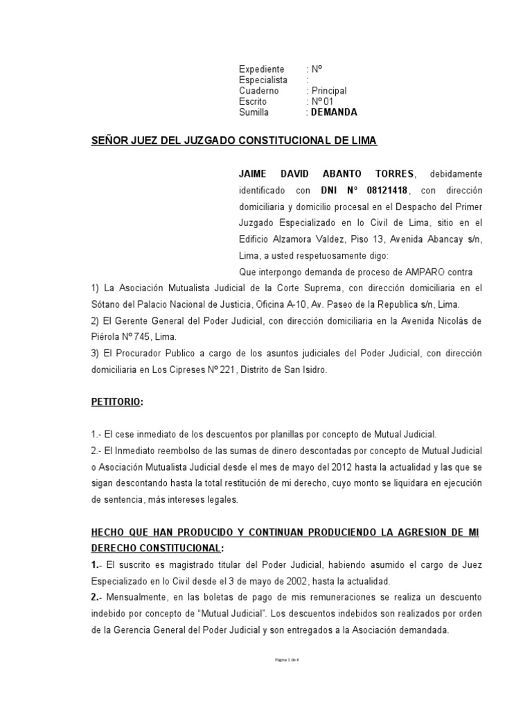 Demanda de Amparo por Descuentos Judiciales | PDF | Derecho ...