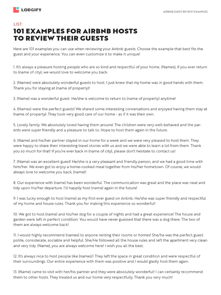 101 Examples For Airbnb Hosts To Review Their Guests: List | PDF | Airbnb |  Pleasure