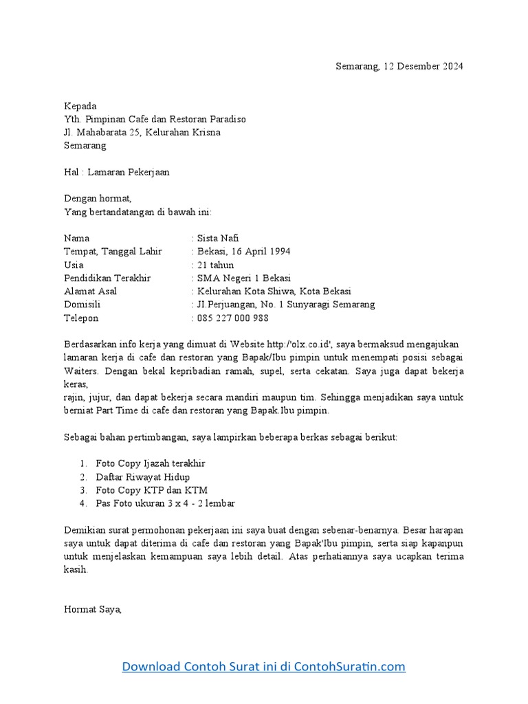Download 72+ Contoh Surat Lamaran Kerja Di Cafe Gratis Terbaru