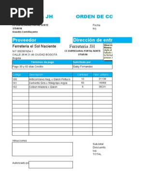 Formulario De Orden De Compra De Construccion