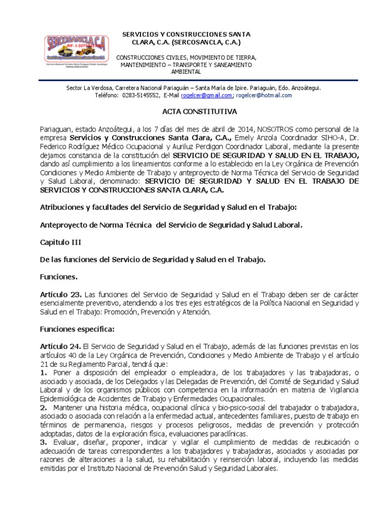 Acta Constitutiva de Seguridad Laboral | PDF | Seguridad y salud ...