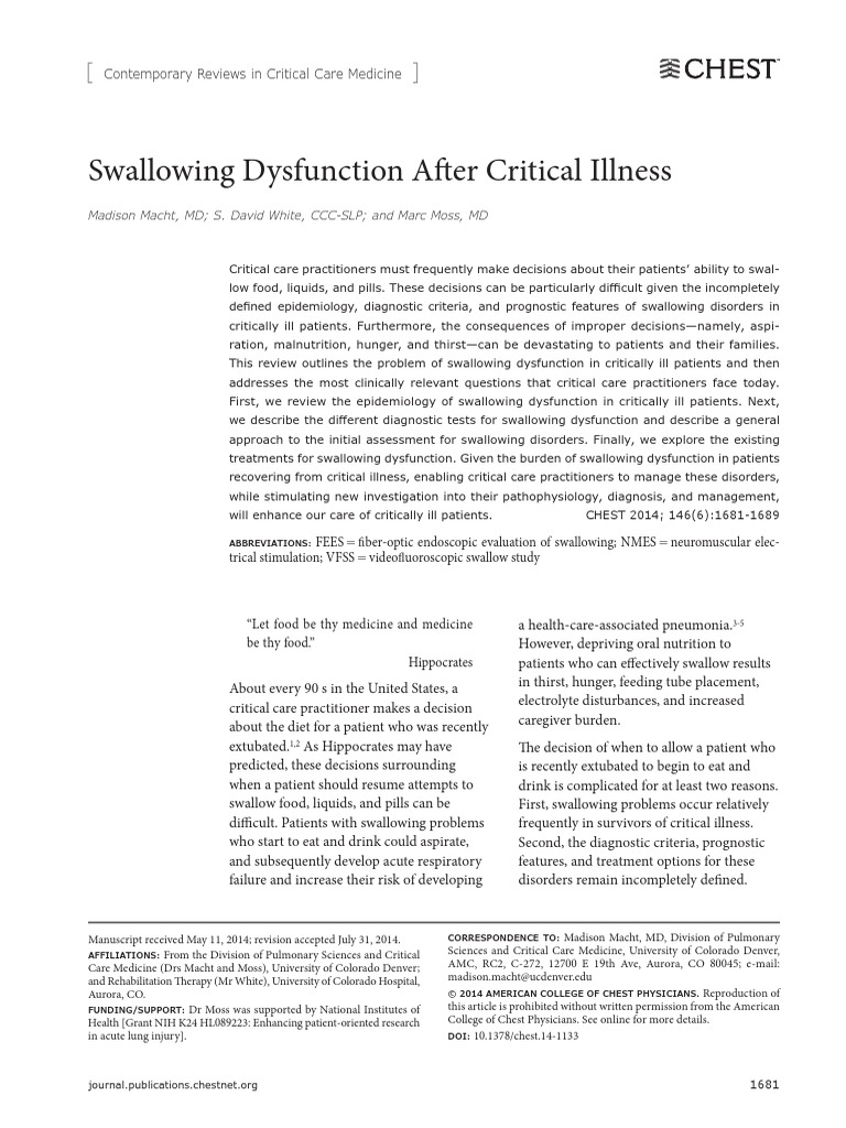 Swallowing Dysfunction After Critical Illness | PDF | Intensive Care ...