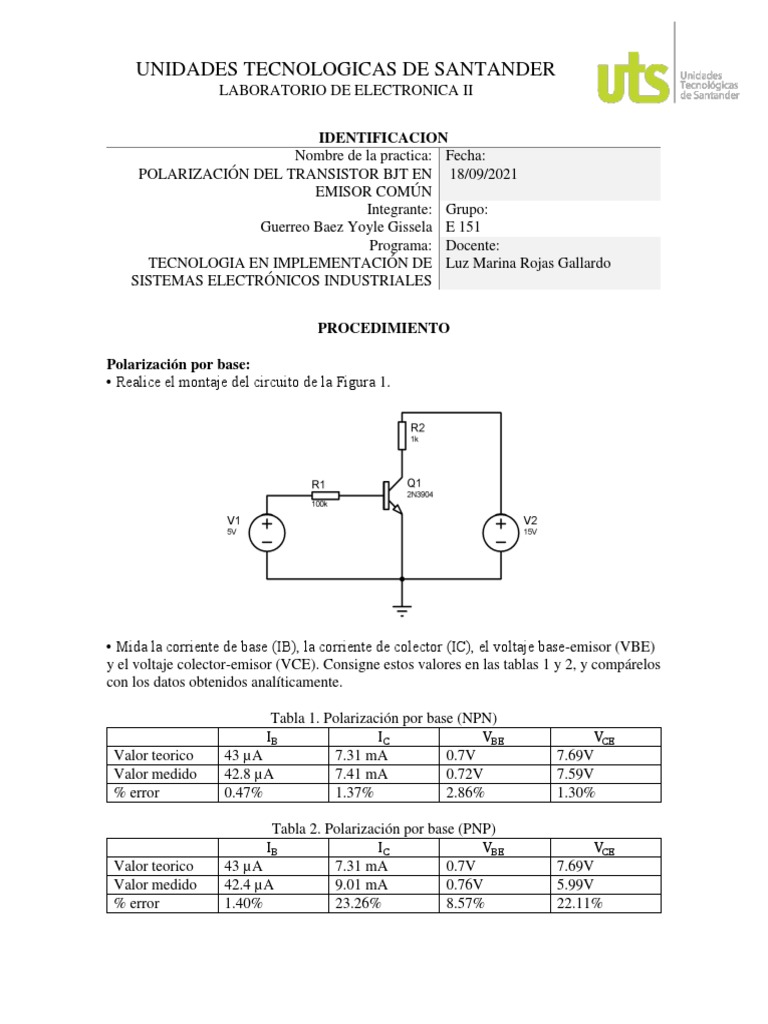 Informe 2, Polarización Del Transistor BJT en Emisor Común PDF