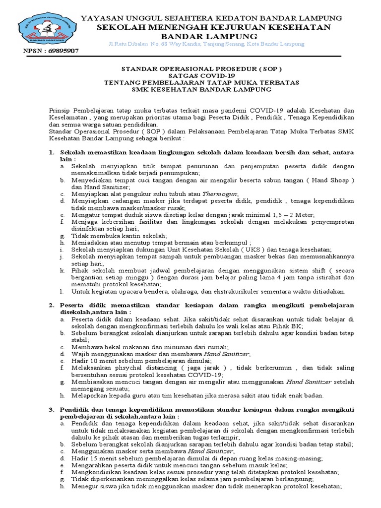 SOP Pembelajaran Tatap Muka | PDF