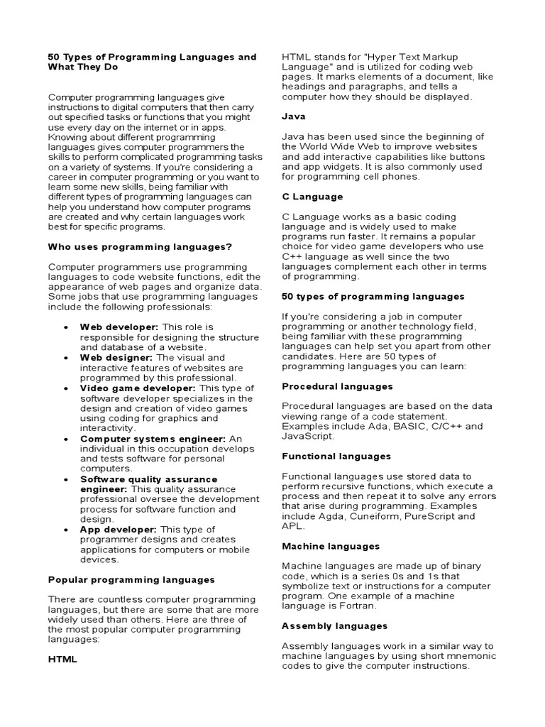 50 Types of Programming Languages and What They Do | PDF | Computer  Programming | Programming Language