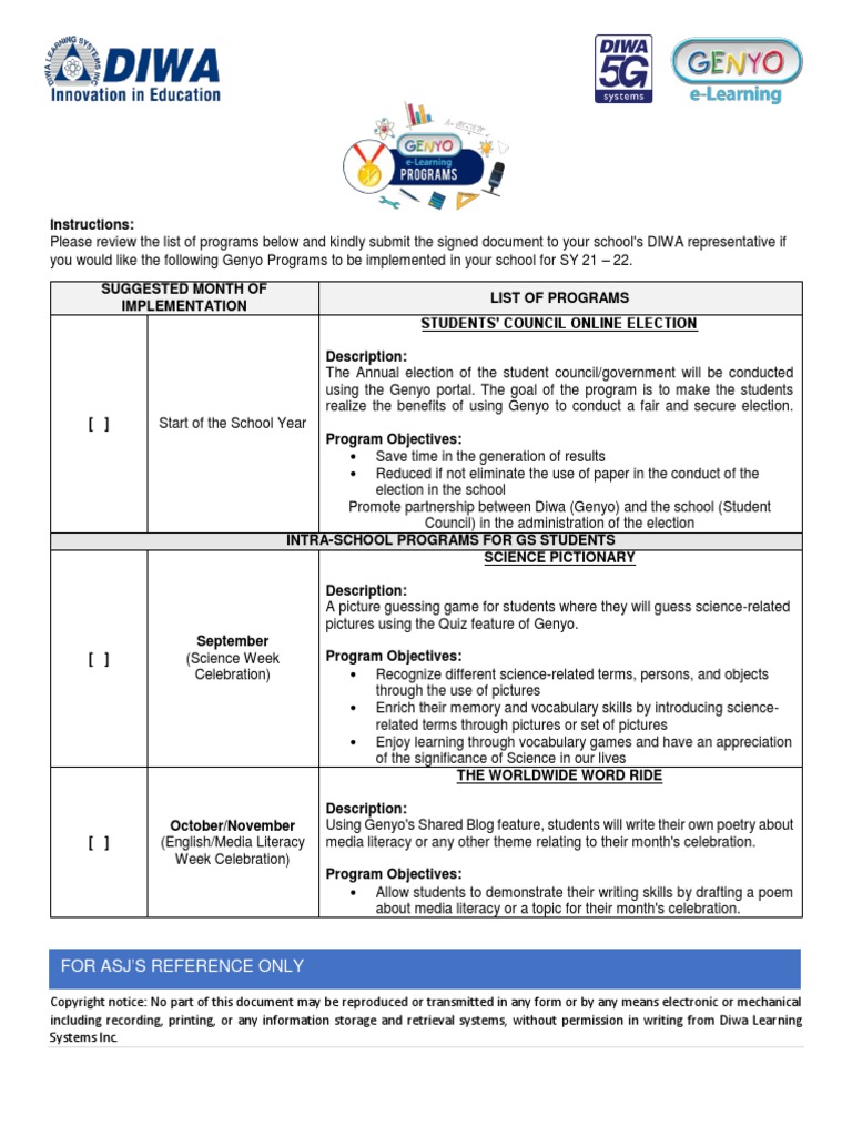ASJ - SY 21-22 - List of Genyo Programs | PDF | Educational Technology |  Literacy