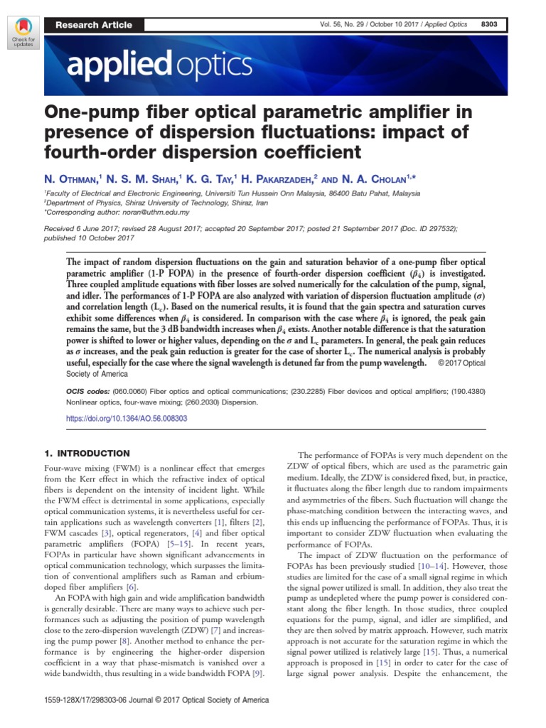 One-Pump Fiber Optical Parametric Amplifier in | PDF | Dispersion ...