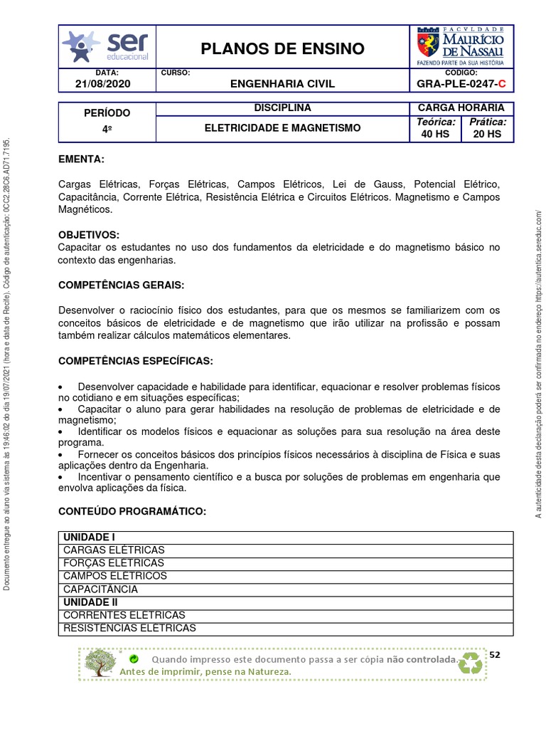 Eletricidade e Magnetismo: Plano de Ensino | PDF | Eletricidade | Física