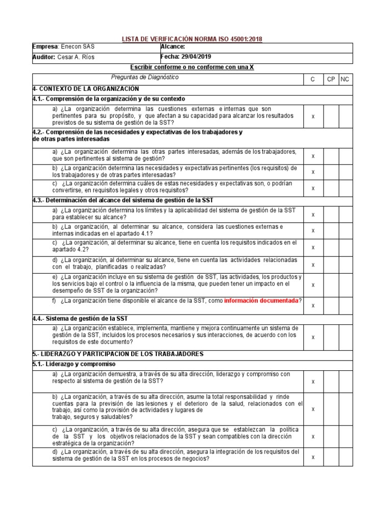 Lista de Verificación ISO 45001-2018 2019 | PDF | Planificación ...