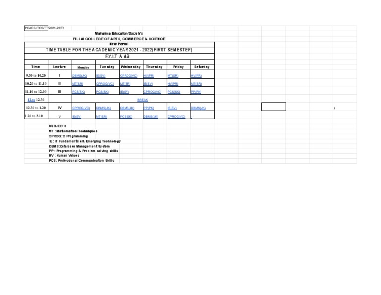 Time Table For The Academic Year 2021 - 2022 (First Semester) F.Y.I.T A ...
