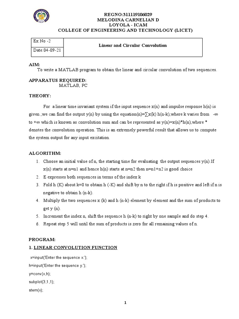 MATLAB Linear & Circular Convolution | PDF | Convolution | Theoretical ...