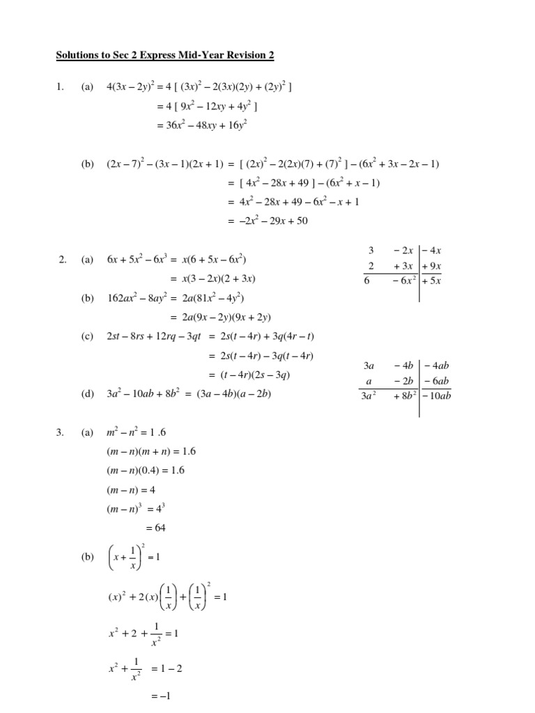 Solutions To Sec 2 Express Mid Year Revision 2 X X X X Elementary Mathematics Teaching Mathematics