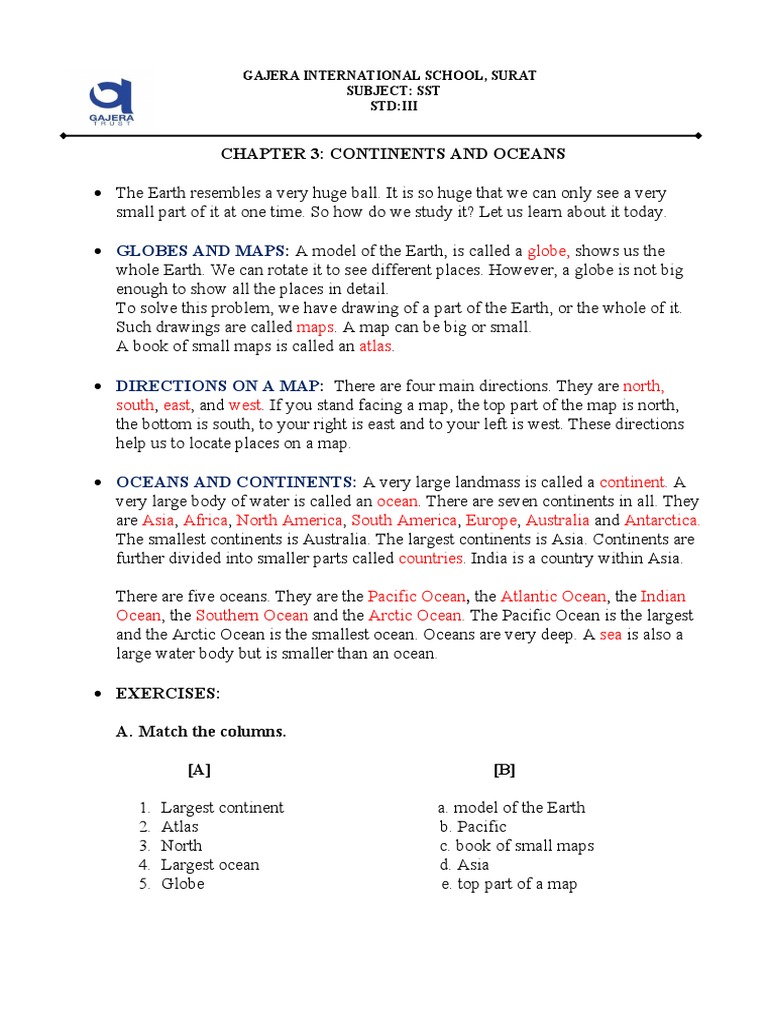 Cbse Class 3 Sst Continents And Oceans Pdf