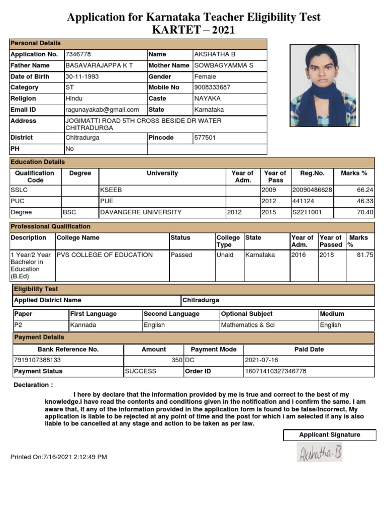 Application For Karnataka Teacher Eligibility Test Kartet | PDF