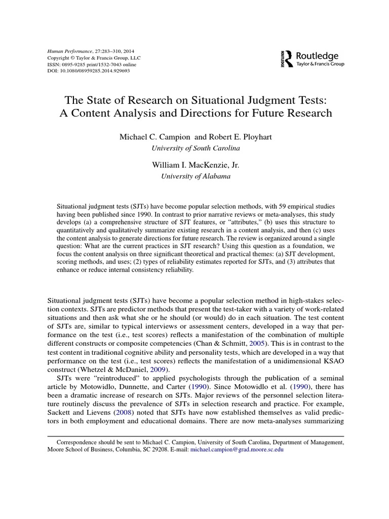 The State of Research On Situational Judgment Tests A Content Analysis ...