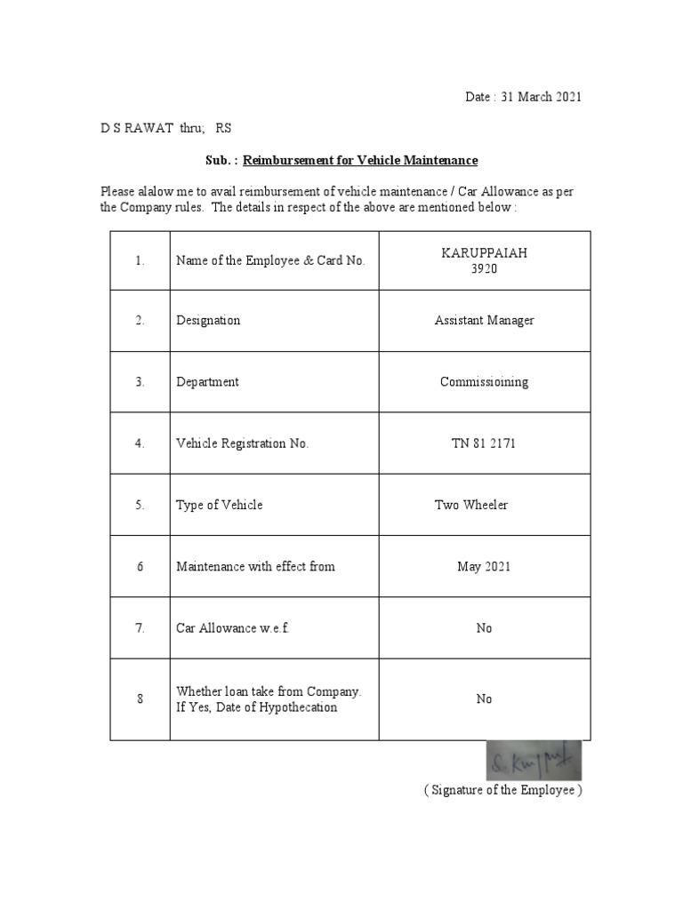Vehicle Maintenance Reimbursement Request | PDF | Finance & Money ...
