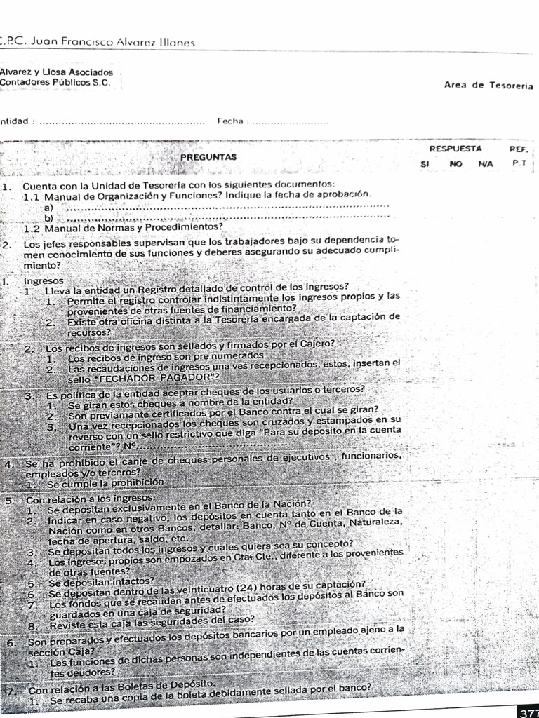 Cuestionario de Control Interno en El Area de Tesoreria | PDF | Bancos ...