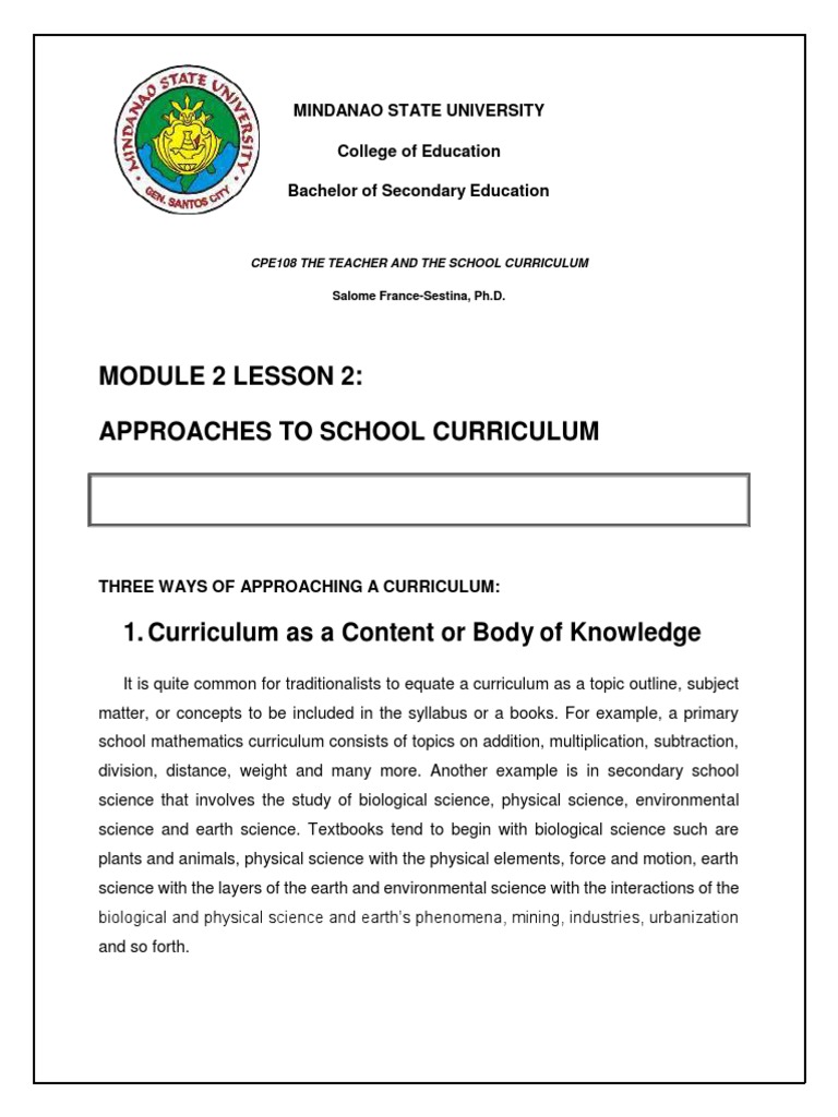 MODULE 2 LESSON 2 Aprroaches To School Curriculum | PDF | Curriculum ...