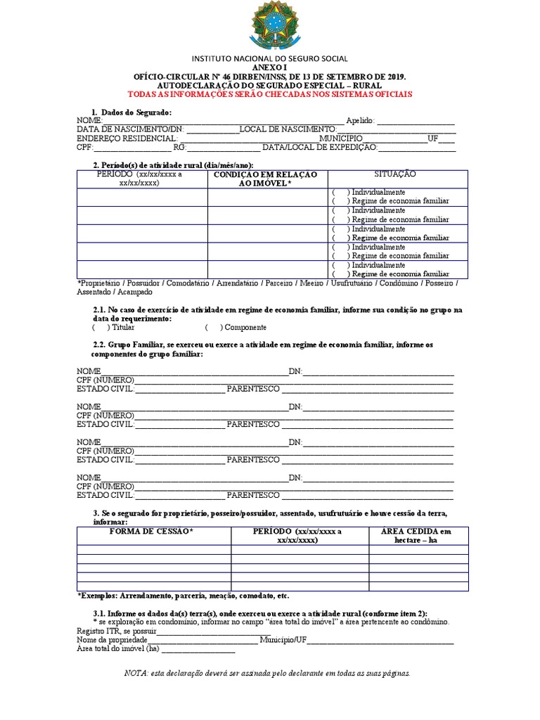 Autodeclaração Do Segurado Especial Rural - EDITAVEL | PDF | Leasing