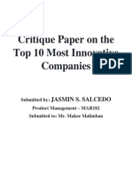 Critique Paper On The Top 10 Most Innovative Companies: Jasmin S. Salcedo