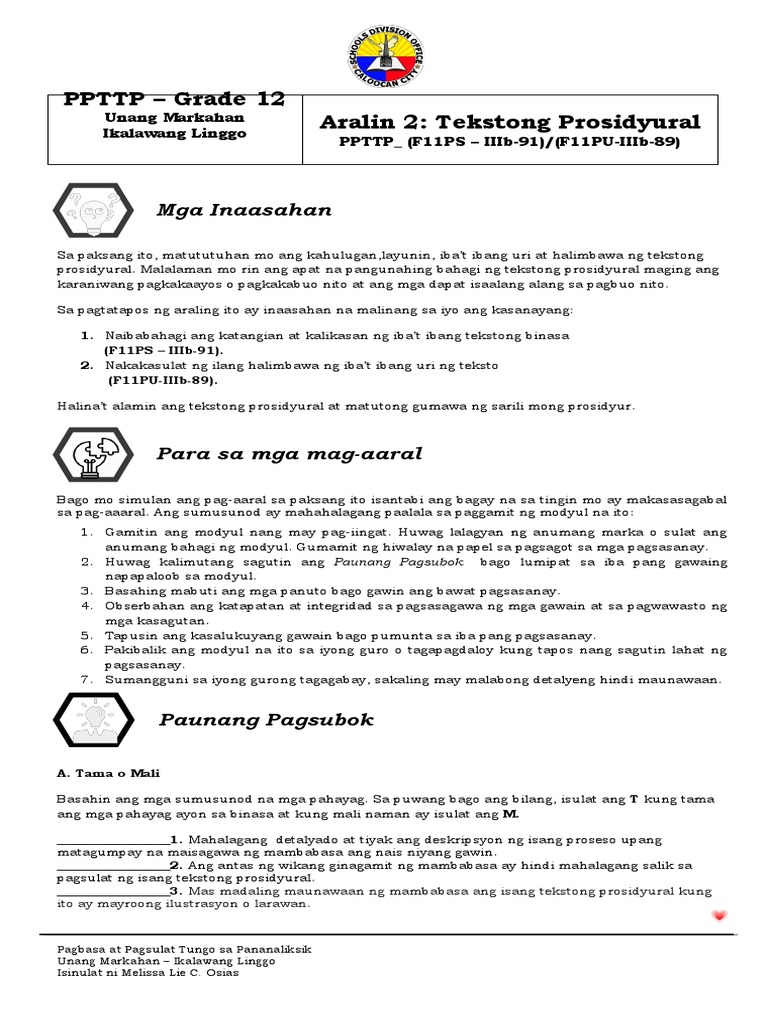 2 Tekstong Prosidyural Ikalawang Modyul 1 | PDF