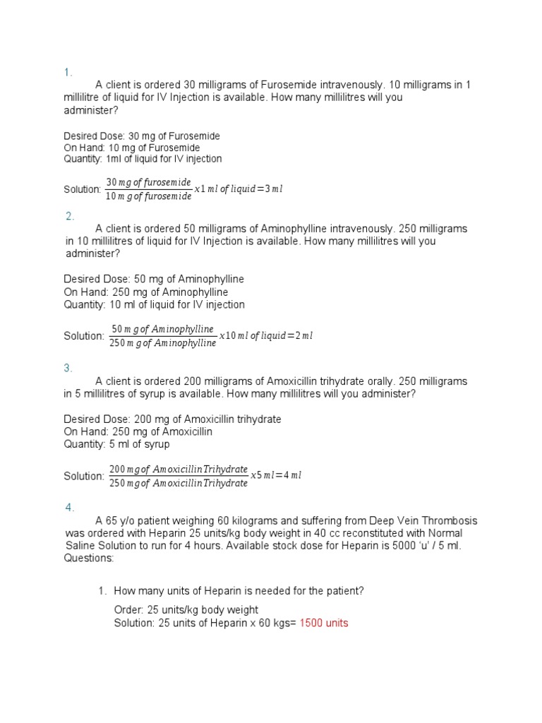 IV Dosage Calculation Examples | PDF | Intravenous Therapy | Chemistry