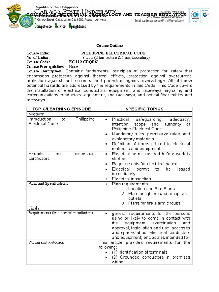 Philippine Electrical Code Course Outline | PDF | Electrical Wiring ...