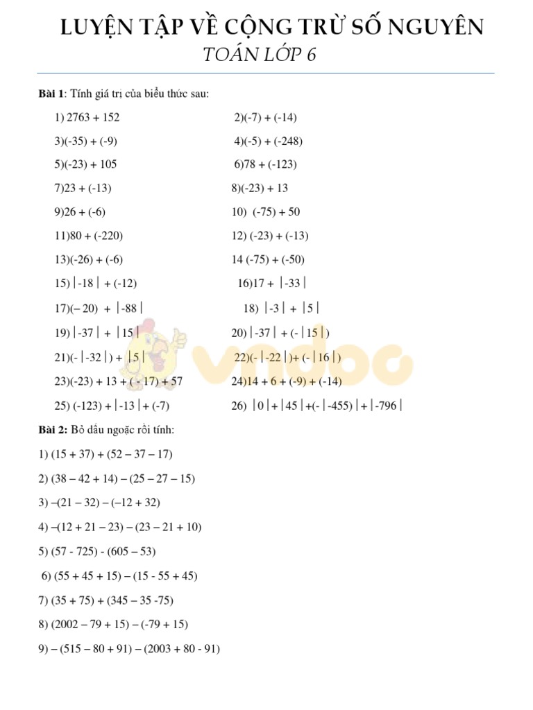 BT Cộng Trừ Số Nguyên | PDF