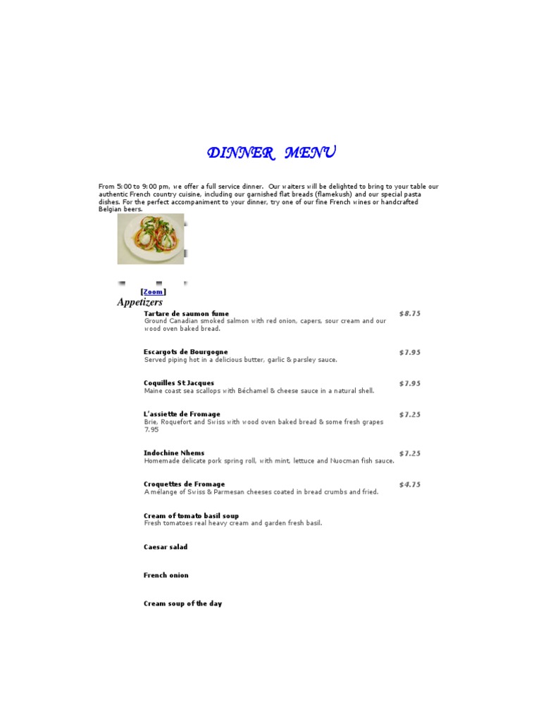 Dinner Menu PDF French Fries Sauce