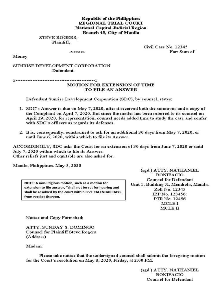 Request for Additional Time to Respond: Sunrise Development Corporation ...