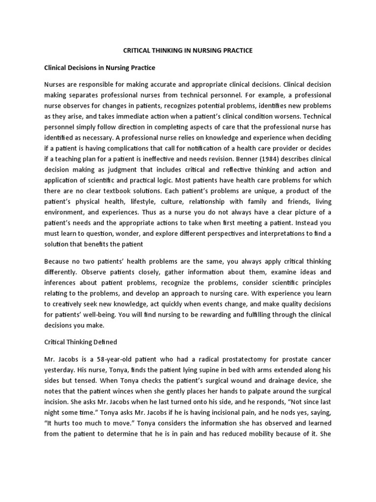 Critical Thinking in Nursing Practice | PDF | Medical Diagnosis ...