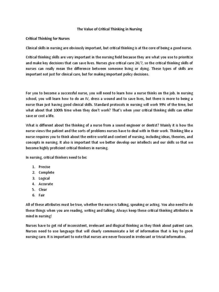 Importance of Critical Thinking in Nursing | PDF | Critical Thinking ...