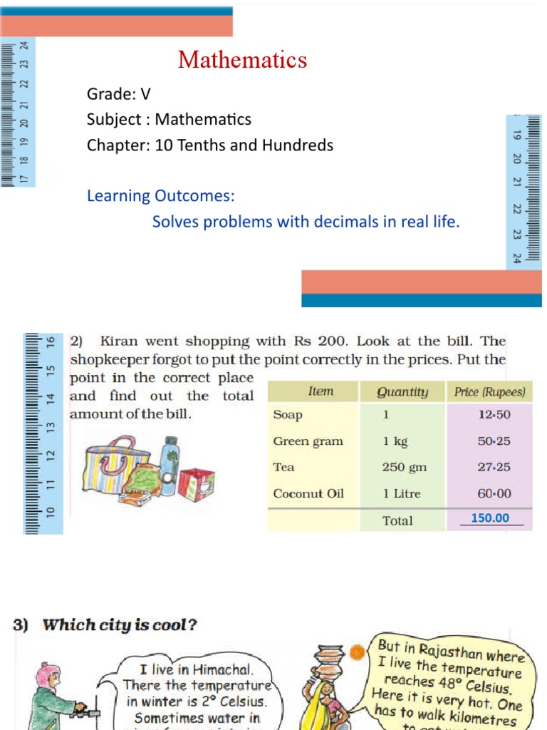 Mathematics: Grade: V Subject: Mathematics Chapter: 10 Tenths and ...