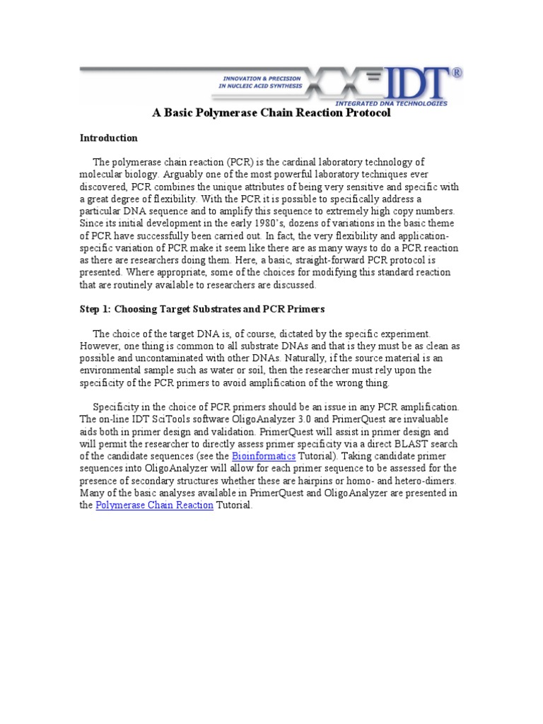 A Basic Pcr Protocol Polymerase Chain Reaction Primer