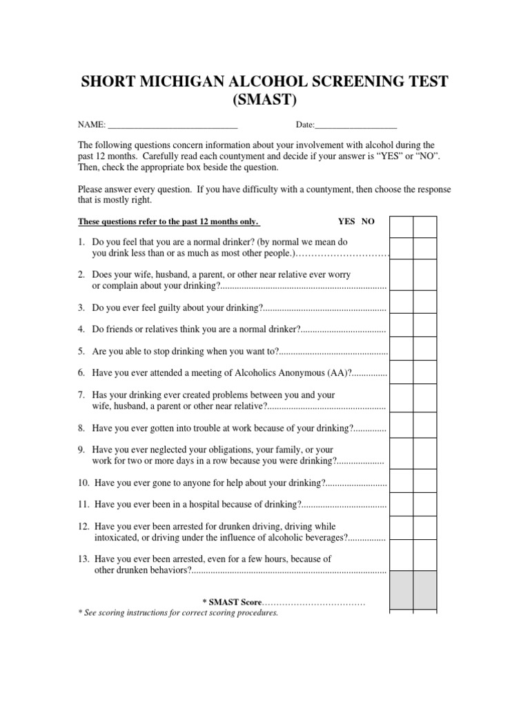 Short Michigan Alcohol Screening Test (Smast) NAME Date PDF