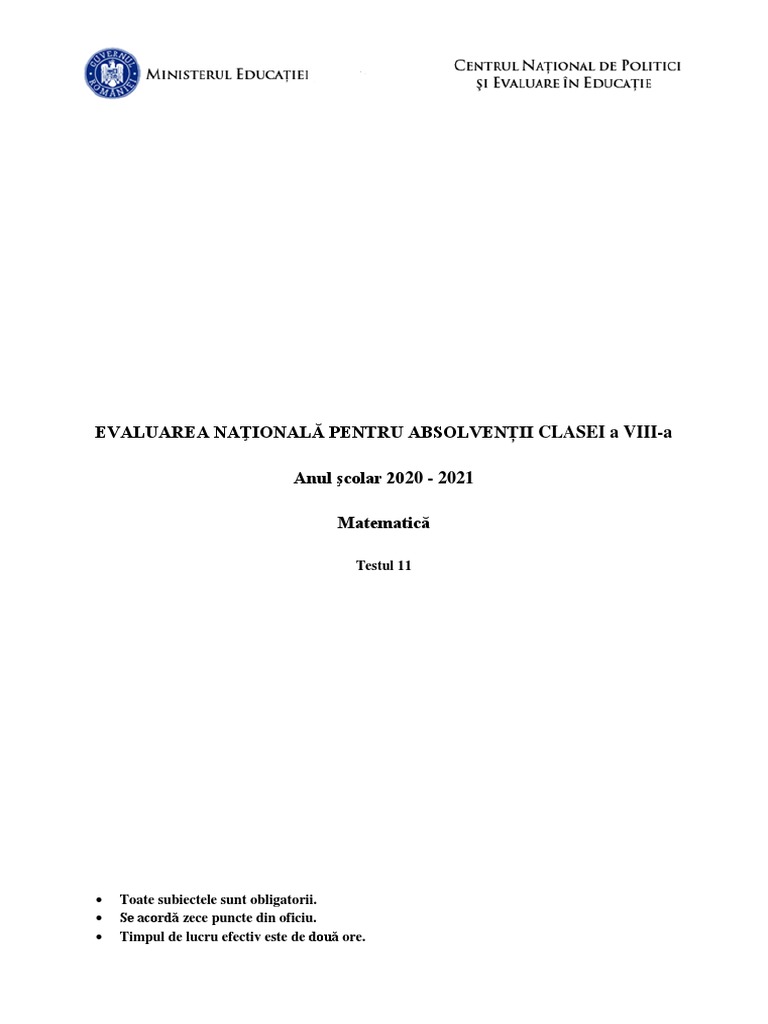EN VIII 2021 Matematica Test 11 | PDF