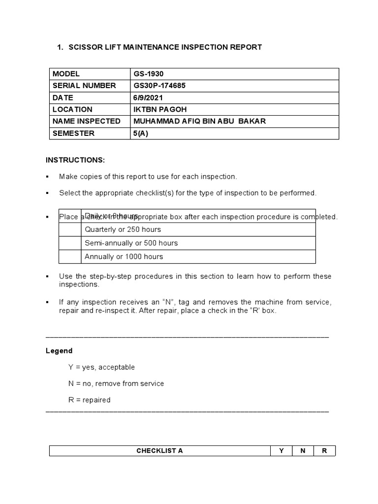 Scissor Lift Maintenance Inspection Report | PDF | Vehicle Technology ...