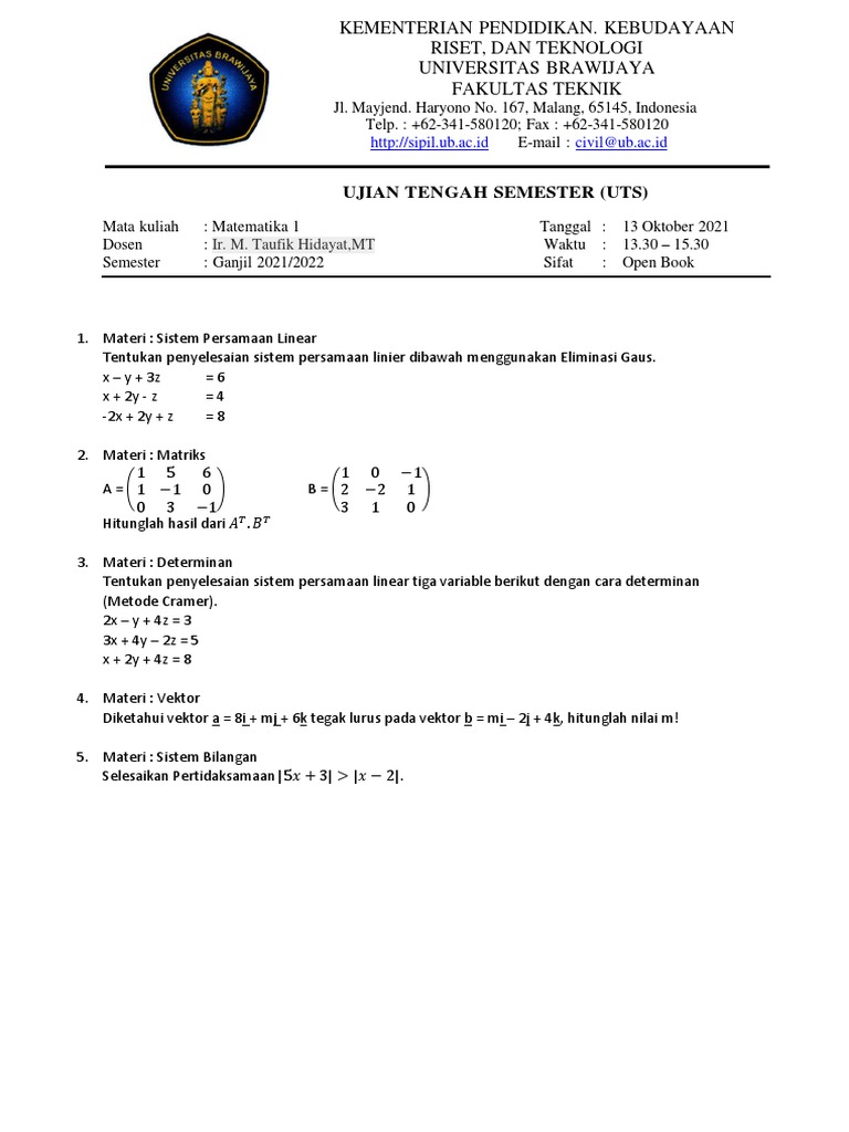 Soal UTS Matematika 1 Semester Ganjil | PDF