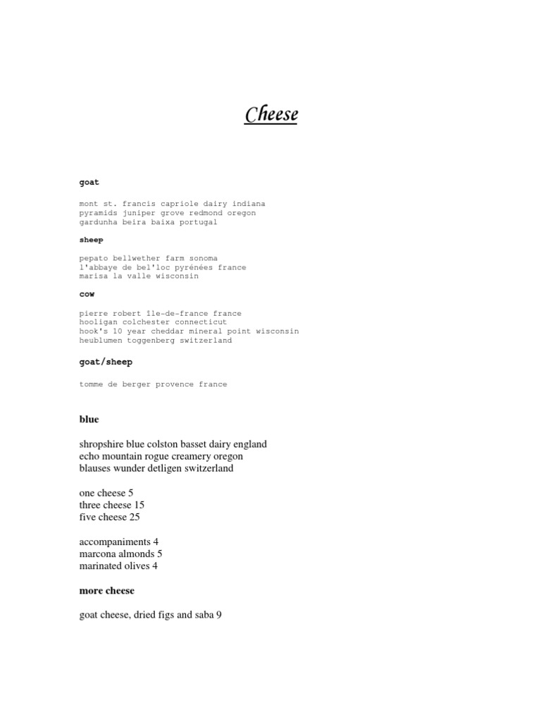 Cheese Menu Selection Guide | PDF